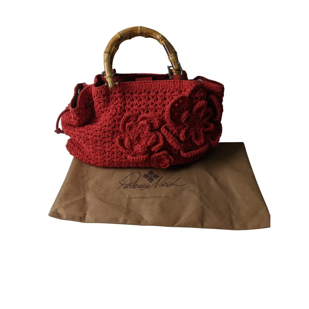 Patricia Nash Red Crochet Floral Satchel Bag Bamboo Handles Boho Handbag